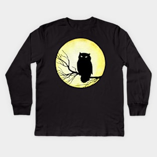 Scary Vintage Owl and Watercolor Moon Kids Long Sleeve T-Shirt